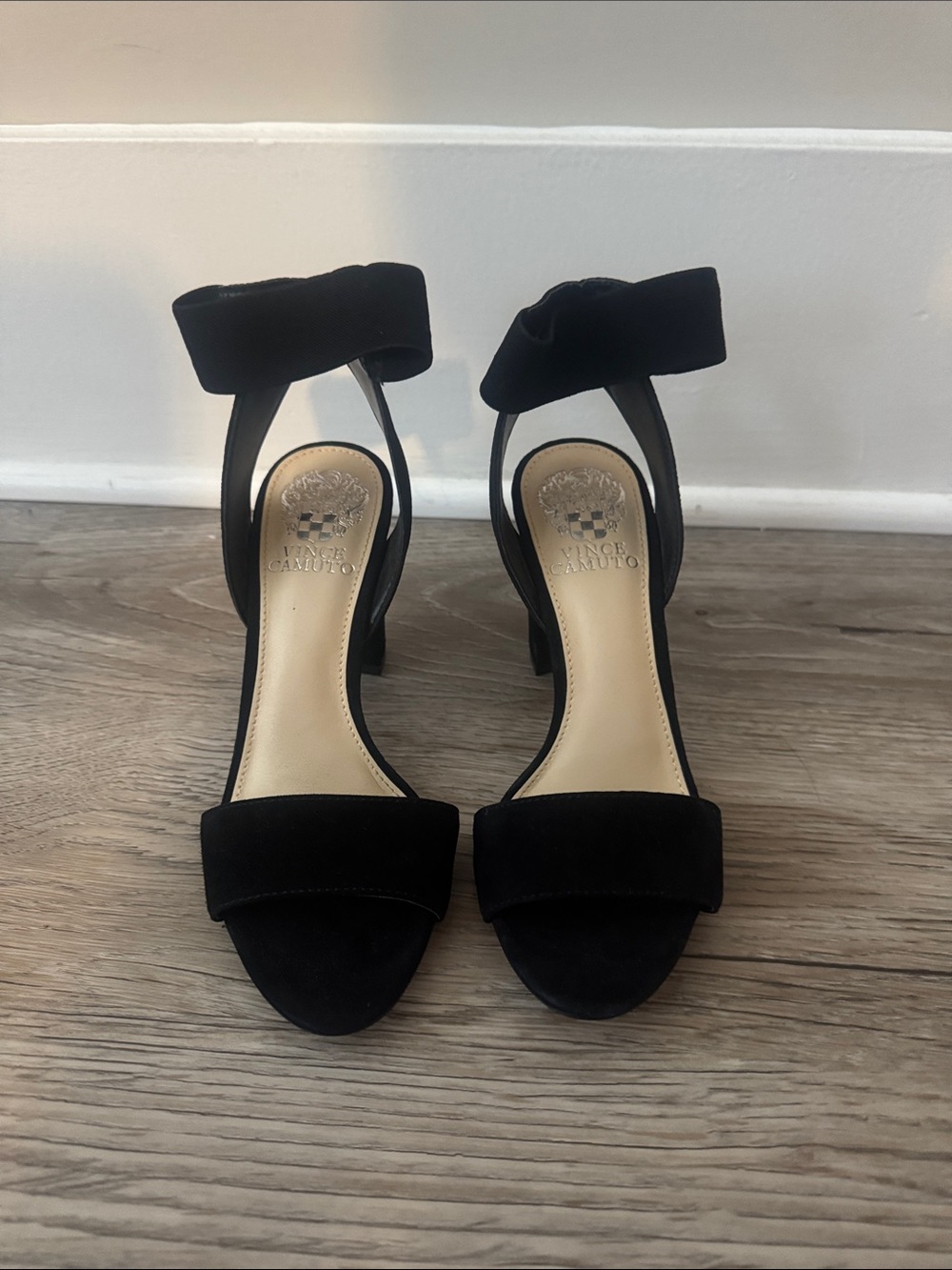 Vince Camuto Black Suede Ankle-Strap Block Heels